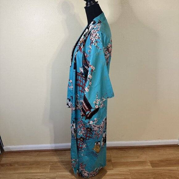 Kyoto Kimono Robe Cherry Blossom & Pagoda Print One Size Cotton Japan Teal - Picture 2 of 8